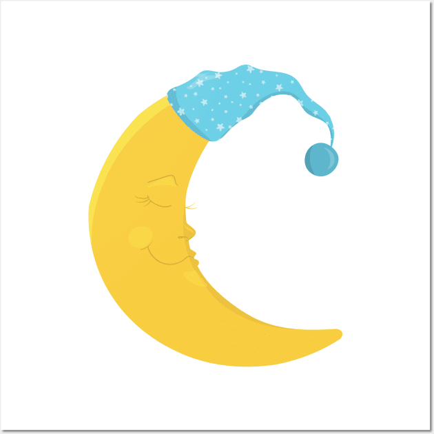 Sleeping Moon, Yellow Moon, Cute Moon, Nightcap Wall Art by Jelena Dunčević